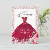 Invitation Fleurs d'aquarelle de Quinceanera rouge étincelant (Debout devant)