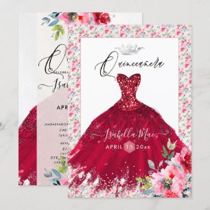 Invitation Fleurs d'aquarelle de Quinceanera rouge étincelant
