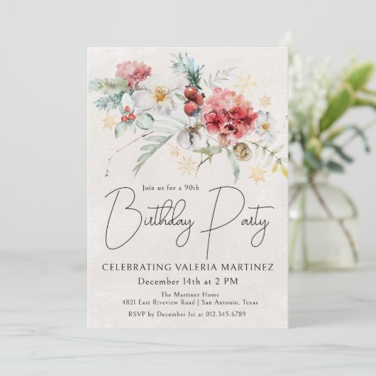 Invitation Fleurs d'aquarelle d'hiver 90e fête d'anniversaire (Debout devant)