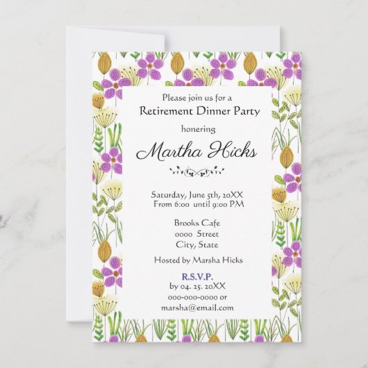 Invitation Fleurs d'aquarelle Dîner de retraite (Devant)