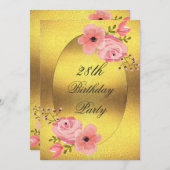 Invitation Fleurs d'aquarelle d'or Faux 28e anniversaire (Devant / Derrière)
