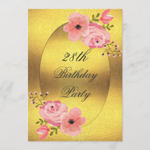 Invitation Fleurs d'aquarelle d'or Faux 28e anniversaire