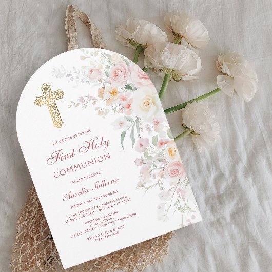 Invitation Fleurs d'aquarelle douce arche Première Communion