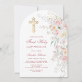 Invitation Fleurs d'aquarelle douce arche Première Communion (Devant)