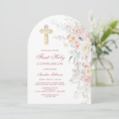 Invitation Fleurs d'aquarelle douce arche Première Communion (Debout devant)