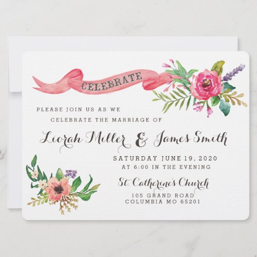 Invitation Fleurs d'aquarelle douces avec bannière (Devant)