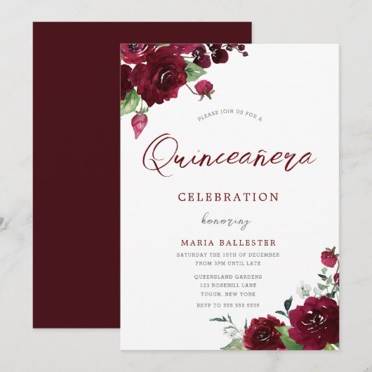 Invitation Fleurs d'aquarelle du marron bordeaux Quinceanera (Devant / Derrière)