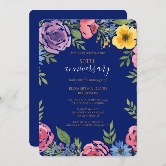 Invitation fleurs d'aquarelle élégant mariage 50e anniversair (Devant / Derrière)