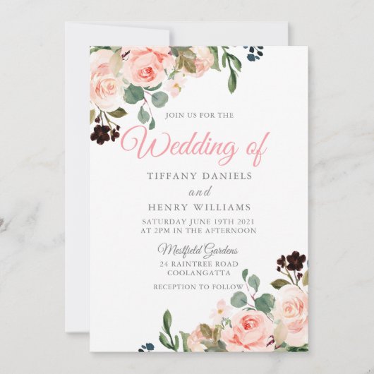 Invitation Fleurs d'aquarelle en bleu clair Design Mariage mo (Devant)
