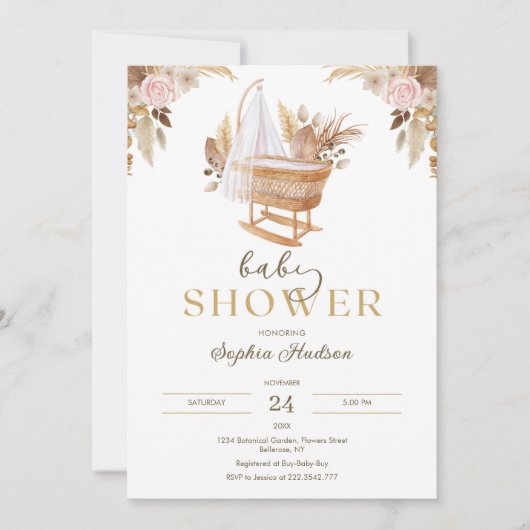 Invitation Fleurs d'aquarelle et Baby shower de laiton Pampas (Devant)