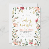 Invitation Fleurs d'aquarelle et Baby shower de lettres d'or (Devant)