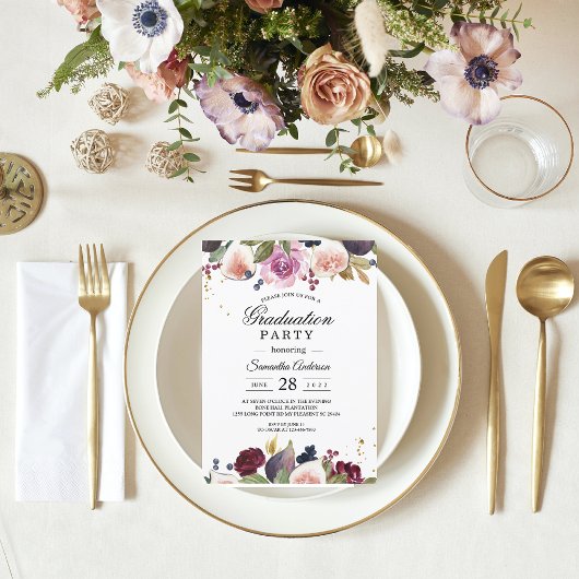 Invitation Fleurs d'aquarelle et baies de Bourgogne modernes