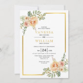 Invitation Fleurs d'aquarelle et cadre doré mariage floral (Devant)