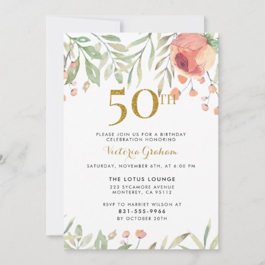 Invitation Fleurs d'aquarelle et Gold 50e anniversaire (Devant)