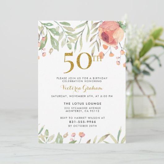 Invitation Fleurs d'aquarelle et Gold 50e anniversaire (Debout devant)