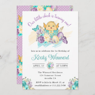 Invitation Fleurs d'aquarelle et mignonne poussette 1er anniv