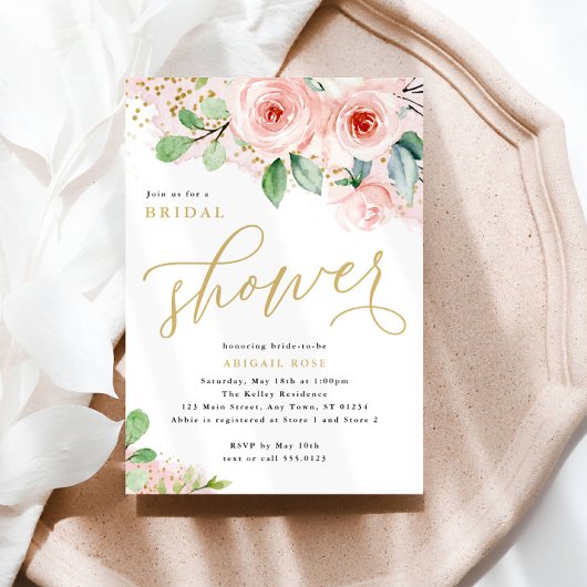 Invitation Fleurs d'aquarelle Fête des mariées, rose et or