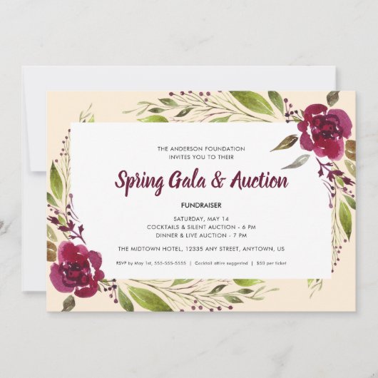Invitation Fleurs d'aquarelle Gala de printemps et vente aux (Devant)