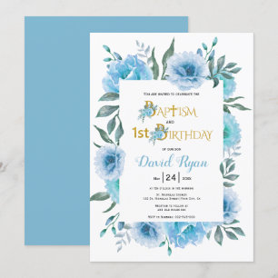 Invitation Fleurs d'aquarelle garçon baptême et 1er anniversa