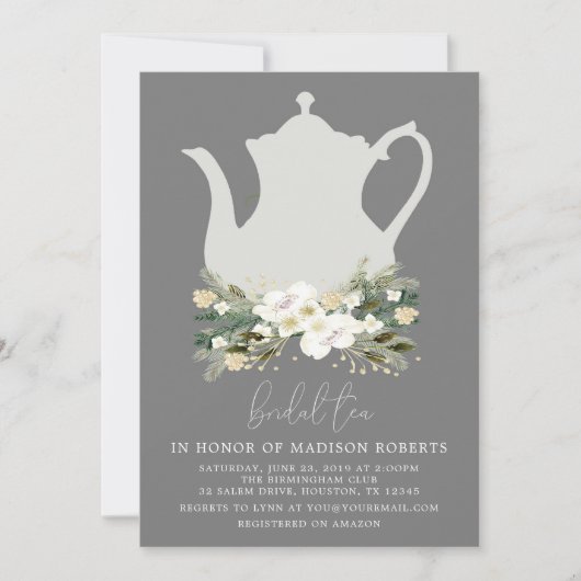 Invitation Fleurs d'aquarelle gris thé nuptiale (Devant)