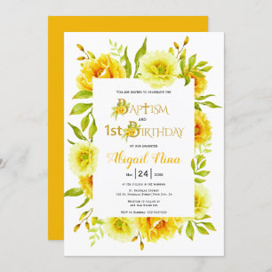 Invitation Fleurs d'aquarelle jaune baptême et 1er anniversai