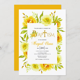 Invitation Fleurs d'aquarelle jaune Baptême floral neutre