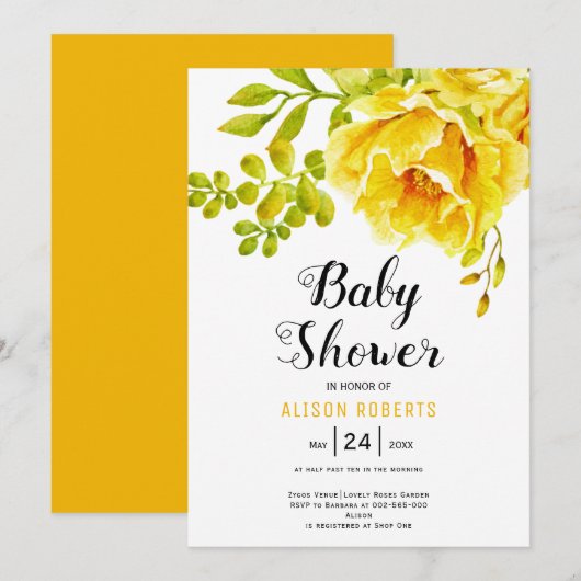 Invitation Fleurs d'aquarelle jaune et baby shower feuille (Devant / Derrière)