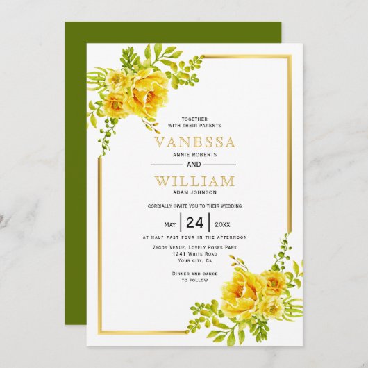 Invitation Fleurs d'aquarelle jaune et cadre or mariage (Devant / Derrière)
