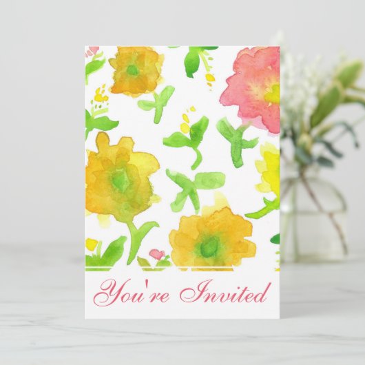 Invitation Fleurs d'aquarelle jaune fête d'anniversaire (Debout devant)