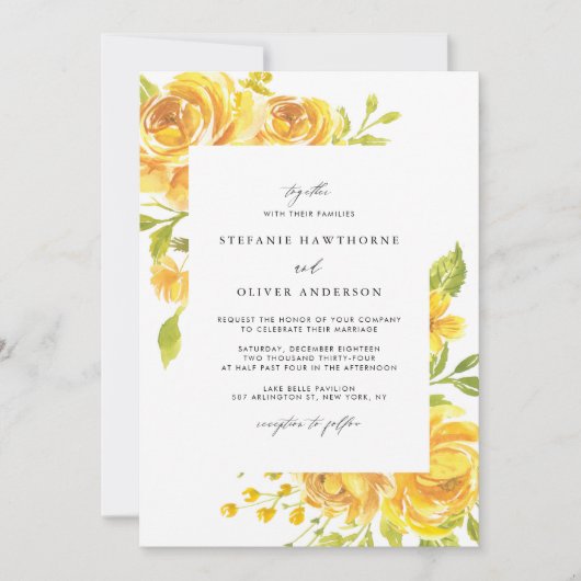 Invitation Fleurs d'aquarelle jaune Mariage de printemps (Devant)