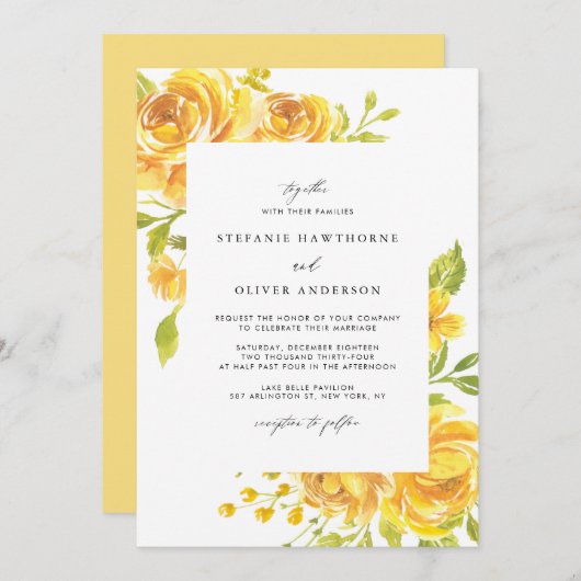 Invitation Fleurs d'aquarelle jaune Mariage de printemps (Devant / Derrière)