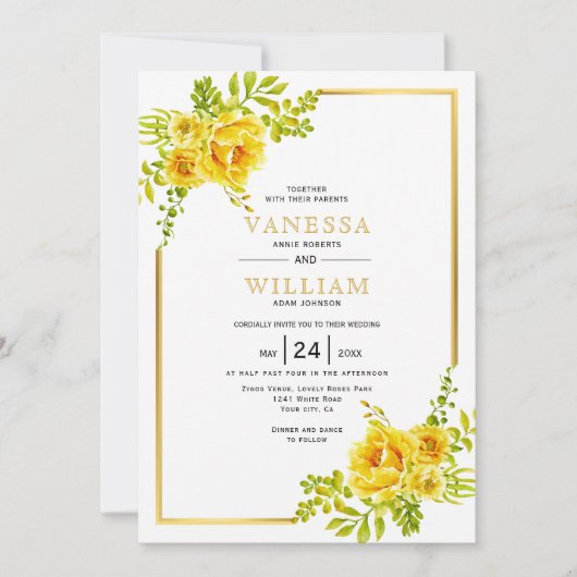 Invitation Fleurs d'aquarelle jaune mariage demande (Devant)