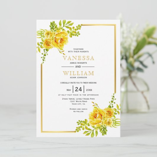 Invitation Fleurs d'aquarelle jaune mariage demande (Debout devant)