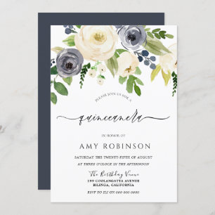 Invitation Fleurs d'aquarelle marine et champagne Quinceanera