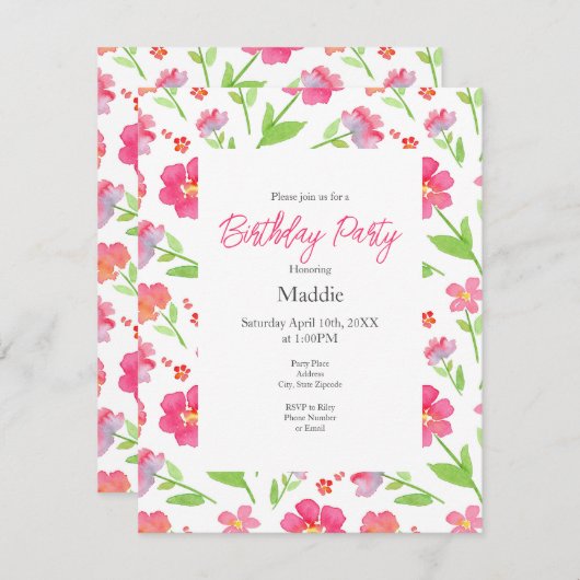 Invitation Fleurs d'aquarelle mixtes 2 (Devant / Derrière)