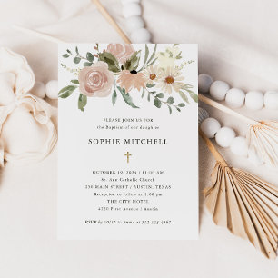 Invitation Fleurs d'aquarelle neutres Boho simples   Baptême