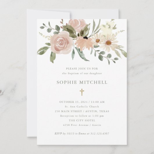 Invitation Fleurs d'aquarelle neutres Boho simples | Baptême (Devant)