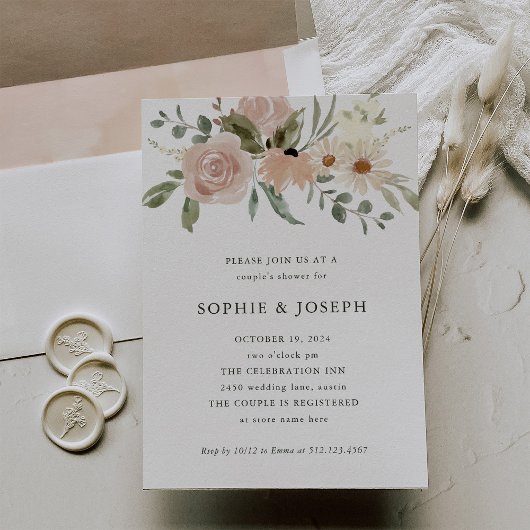 Invitation Fleurs d'aquarelle neutres simples | Douche Couple