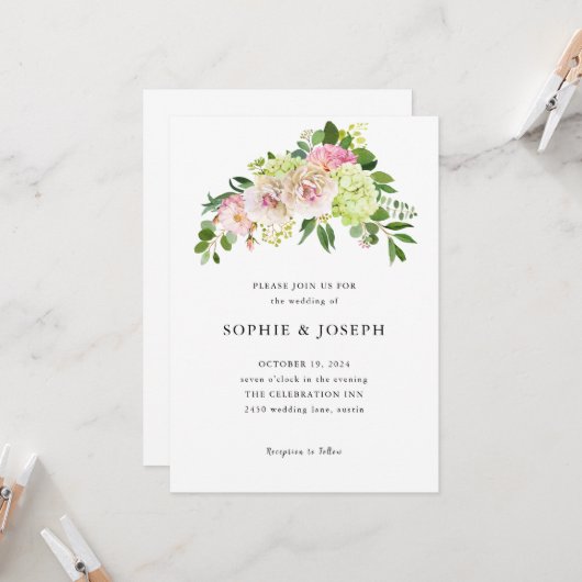 Invitation Fleurs d'aquarelle neutres simples | Mariage blanc (Devant/Arrière en situation)