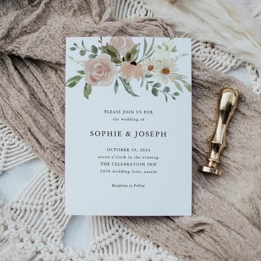 Invitation Fleurs d'aquarelle neutres simples | Mariage blanc