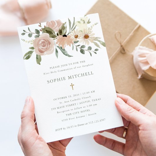 Invitation Fleurs d'aquarelle neutres simples Première commun