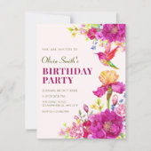 Invitation Fleurs d'aquarelle oiseau anniversaire (Devant)