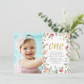 Invitation Fleurs d'aquarelle Or une première photo d'anniver (Debout devant)