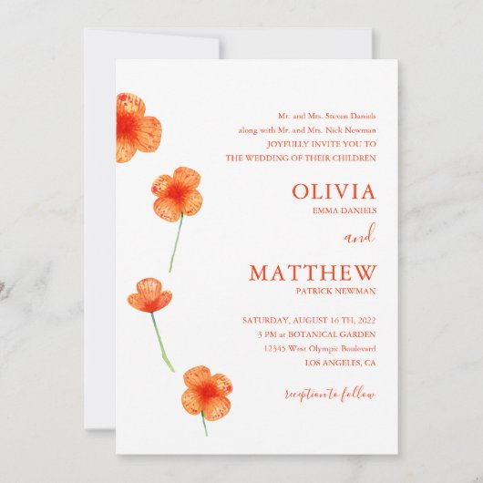 Invitation Fleurs d'aquarelle orange. Mariage floral simple (Devant)