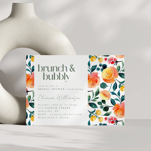 Invitation Fleurs d'aquarelle orange rustique Brunch Bubbly