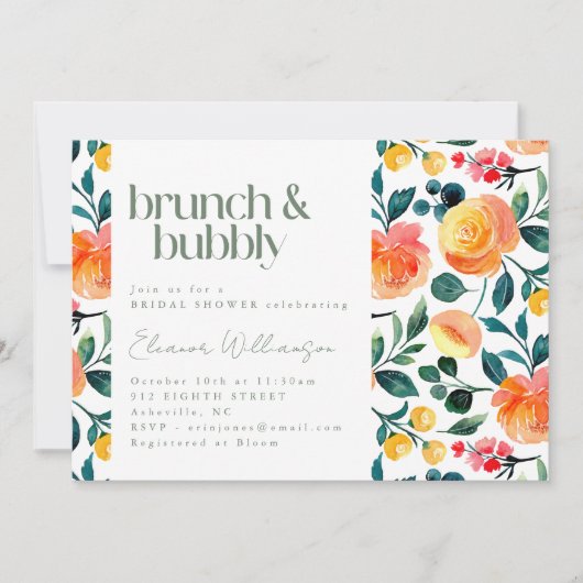 Invitation Fleurs d'aquarelle orange rustique Brunch Bubbly (Devant)