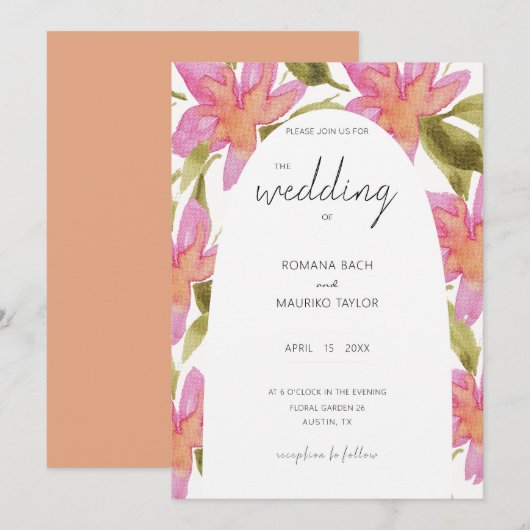 Invitation Fleurs d'aquarelle Pastel Boho Rose (Devant / Derrière)