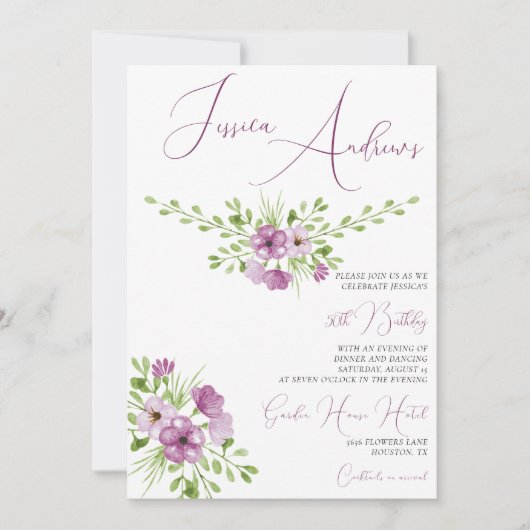 Invitation Fleurs d'aquarelle romantique 50e anniversaire (Devant)