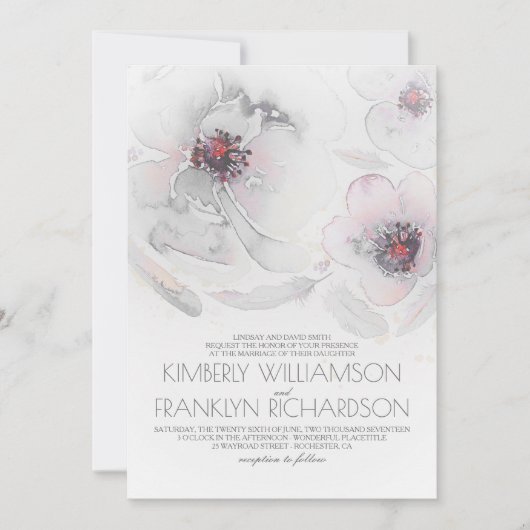 Invitation Fleurs d'aquarelle romantique Mariage gris et rose (Devant)