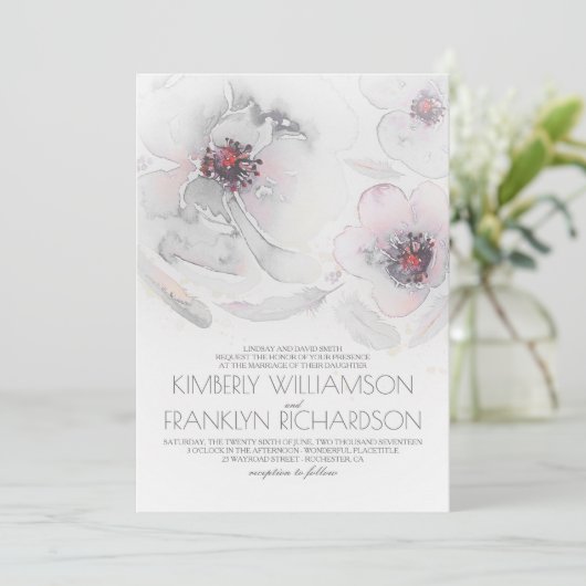 Invitation Fleurs d'aquarelle romantique Mariage gris et rose (Debout devant)